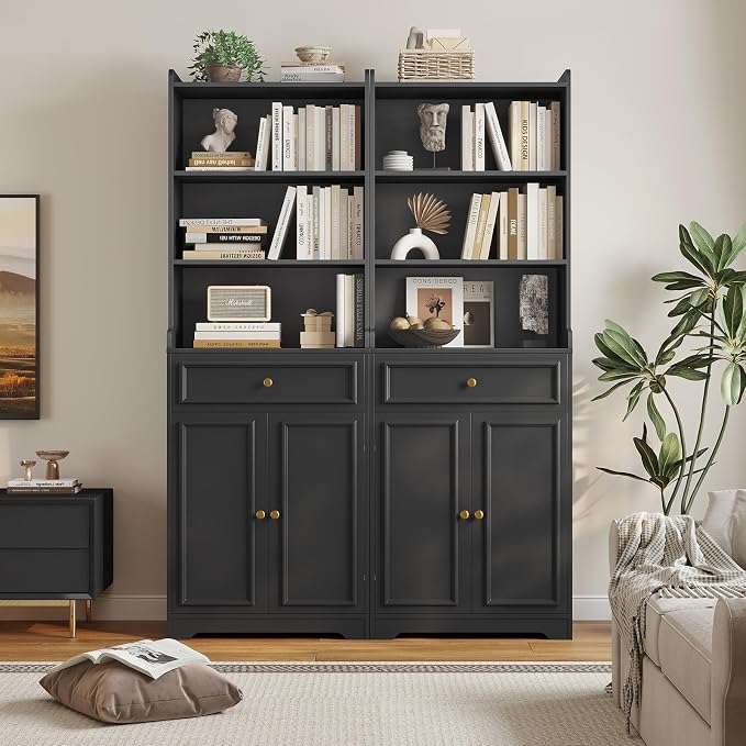 DICTAC Bookcase Set of 2 with Drawer and Doors 73.23''Tall Bookshelf with - Image 3
