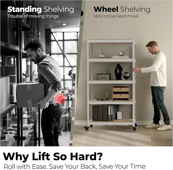 HOMEDANT House White 5-Tier Metal Boltless Rolling Cart Shelf Rack Casters - Image 2