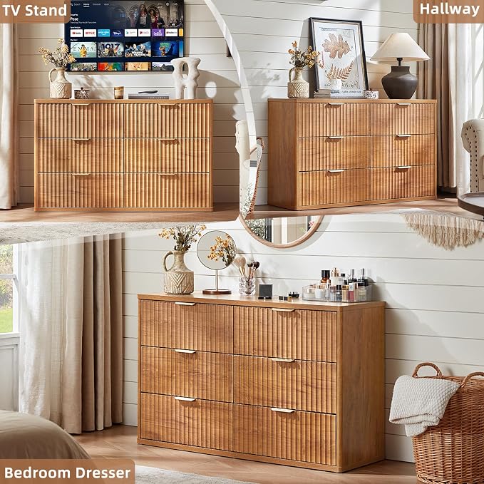 LEYAOYAO Fluted 6 Drawers Dresser, Curved Profile Design, Dresser TV Stand - Image 9