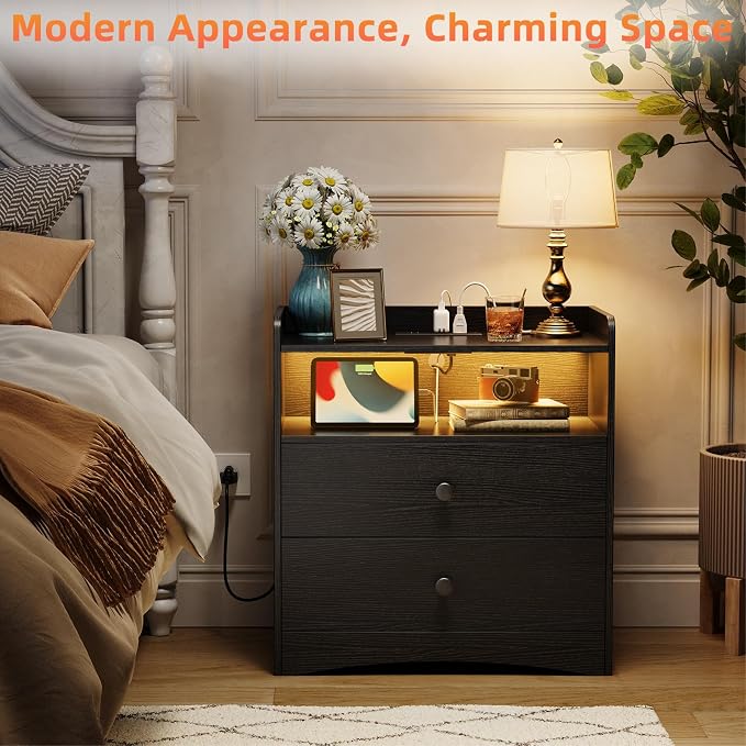 Nightstand with Charging Station and LED Light, Modern Nightstand with USB - Image 5