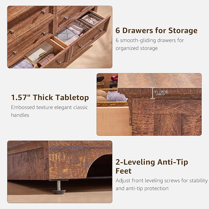 Farmhouse 6 Drawers Dresser for Bedroom, Wooden Dresser TV Stand - Image 5