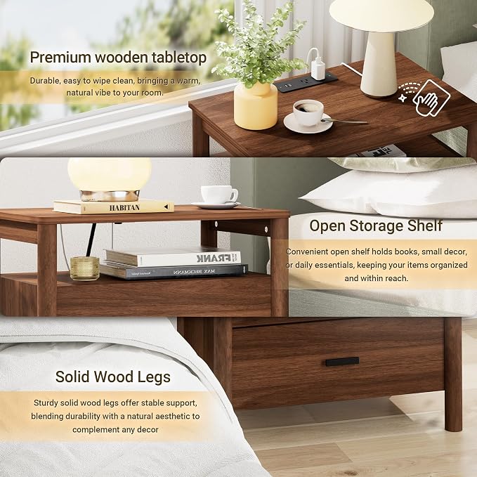 Night Stand with Charging Station, 2 Drawers Nightstand with Open Shelf - Image 3