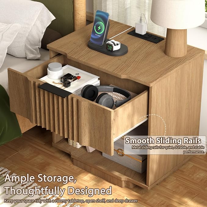 Yechen Fluted Nightstand with 20W Fast Charging Station - Image 4