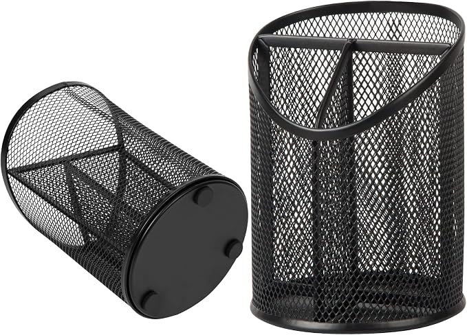 2 Pack Pen Holder Mesh Round Pencil Holder Desktop Organizer 3 Compartments - Image 3