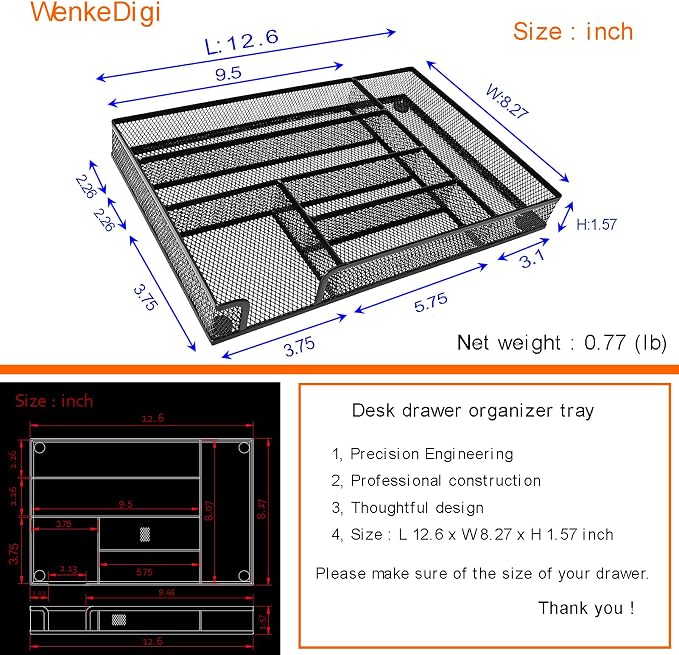 2-Pack Metal Mesh Desk Drawer Organizer Tray Set, 6-Compartment Office Drawer - Image 3