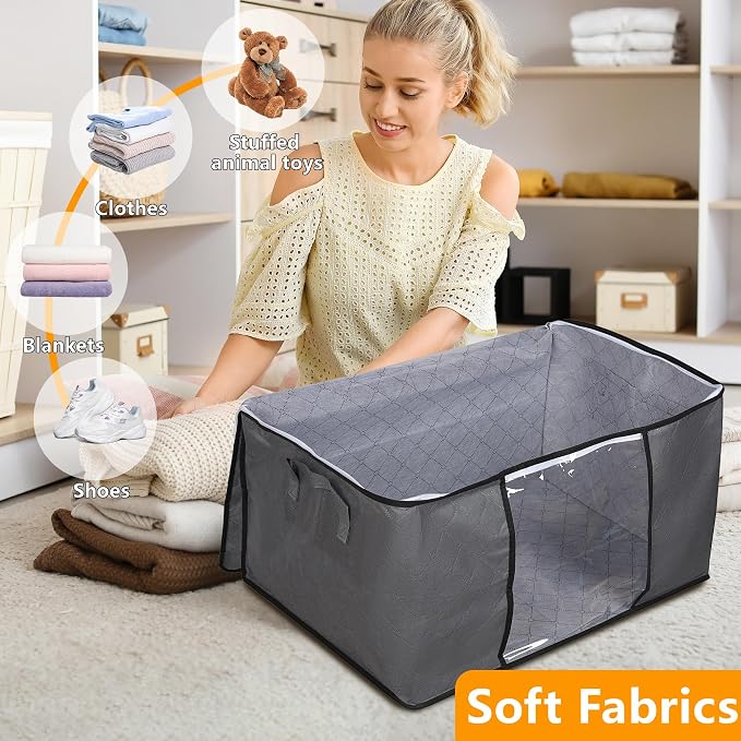 3 Pack Clothes Storage Bags, 90L Large Blanket Storage Bag Comforter Storage Bin - Image 3