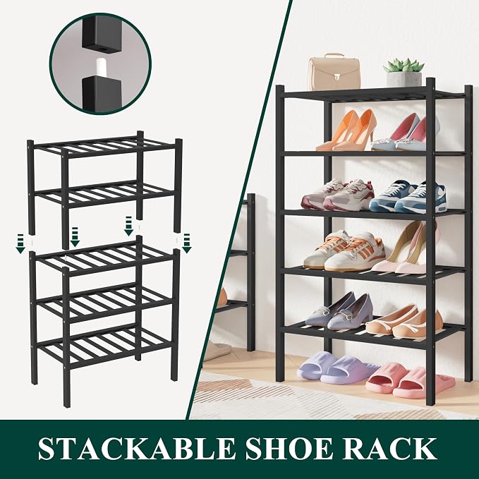 Smiry Bamboo Shoe Rack for Closet, 2 Tier Long Wooden Stackable Shoe Organizer - Image 3