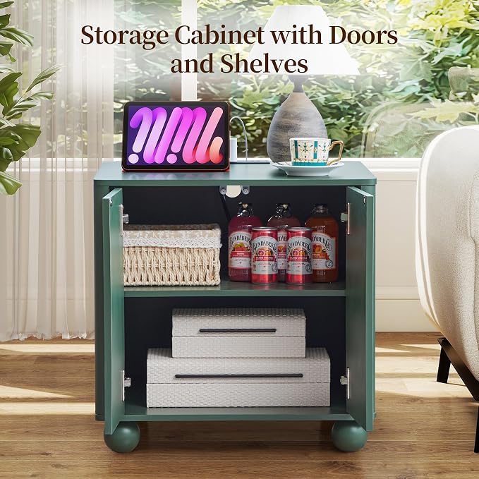 Bed Side Table with Charging Station, Mid Century Modern Nightstand with 2 Doors - Image 4