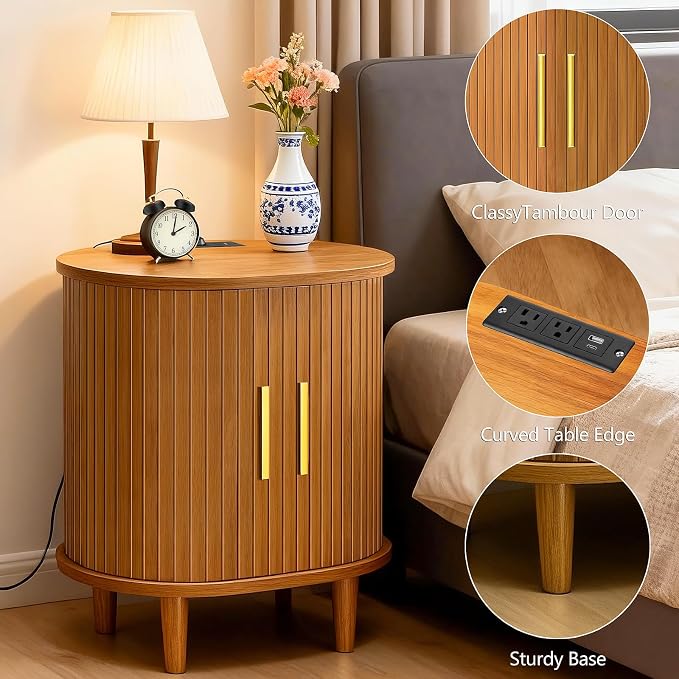 Nightstand with Charging Station, Fluted Accent Side Table with Sliding Door & - Image 8