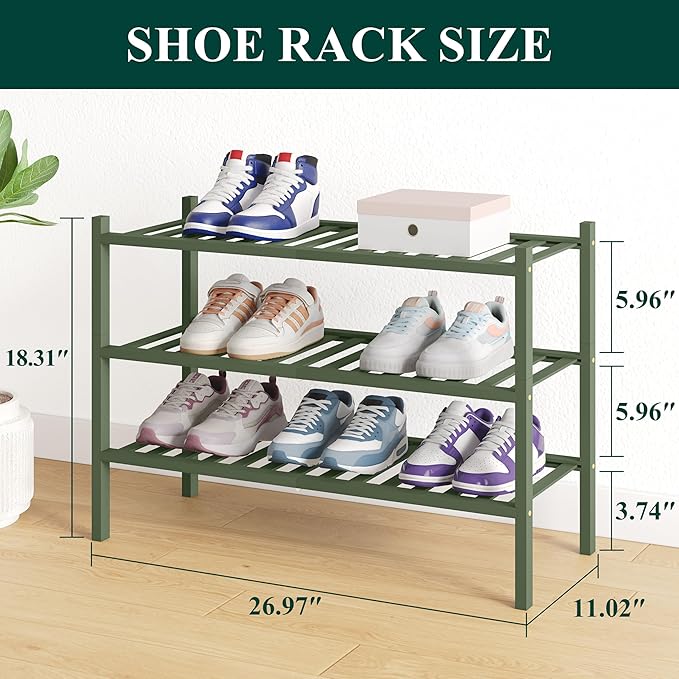 Smiry Bamboo Shoe Rack for Closet, 3 Tier Wooden Stackable Shoe Organizer - Image 2