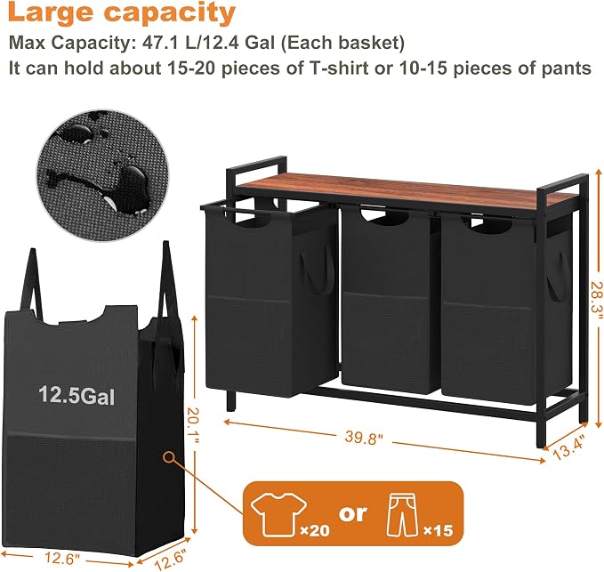 Heybly Laundry Hampers, 3 × 12.5 Gal Laundry Basket - Image 4