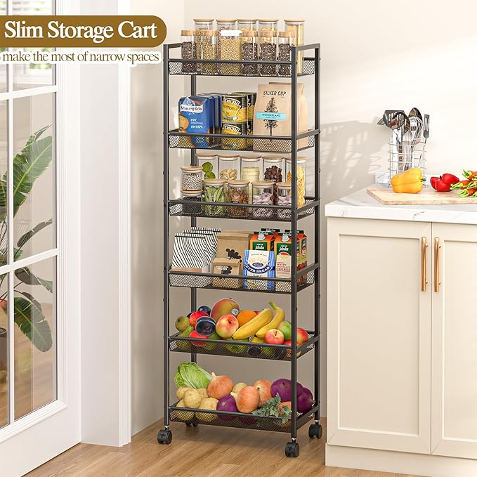 6 Tier Slim Rolling Storage Cart, Narrow Mobile Shelving Unit Organizer Utility - Image 5