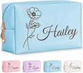 Personalized Makeup Bag with Name & Birth Flower, Custom Leather Cosmetic Bags by Fincekoom