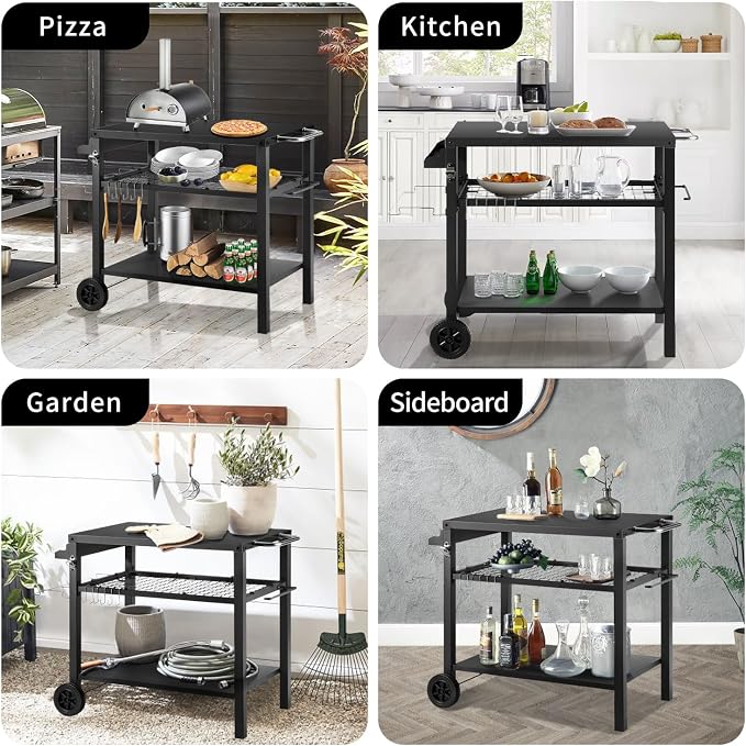 Dining Cart Table with Three Shelf, Movable Outdoor BBQ Grill Pizza Oven Stand - Image 7