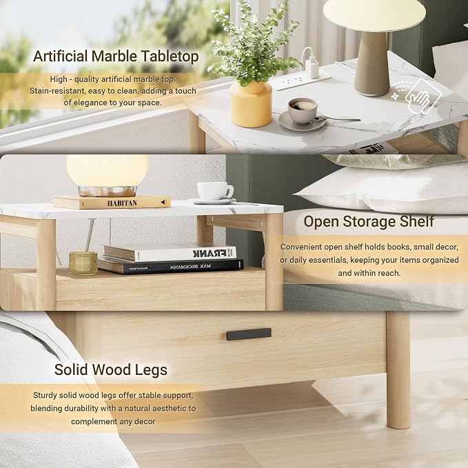 Night Stand Set of 2 with Charging Station, 2 Drawers End Table with Solid - Image 3