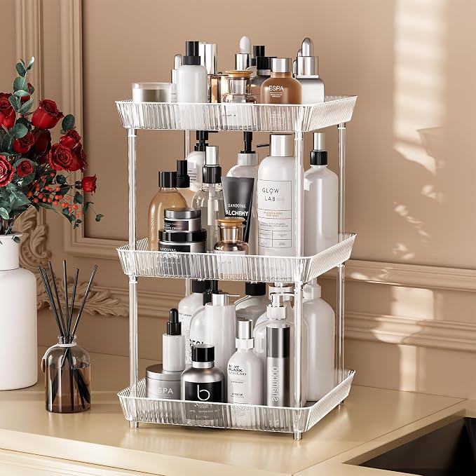 3 Tier Lazy Susan Bathroom Countertop Organizer, 360° Clear Rotating Square - Image 2