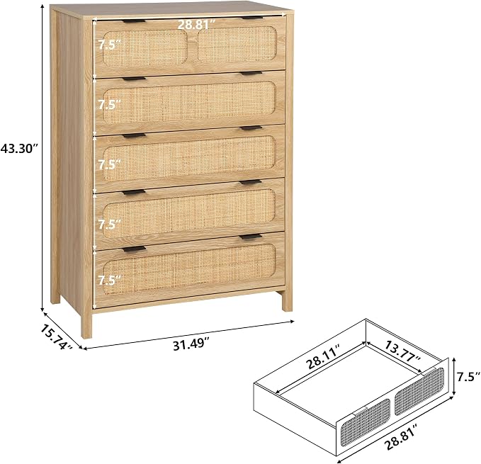 LEVNARY 5 Drawer Chest Dresser, Rattan Tall Dresser 5 Chest of Drawers Dressers - Image 2