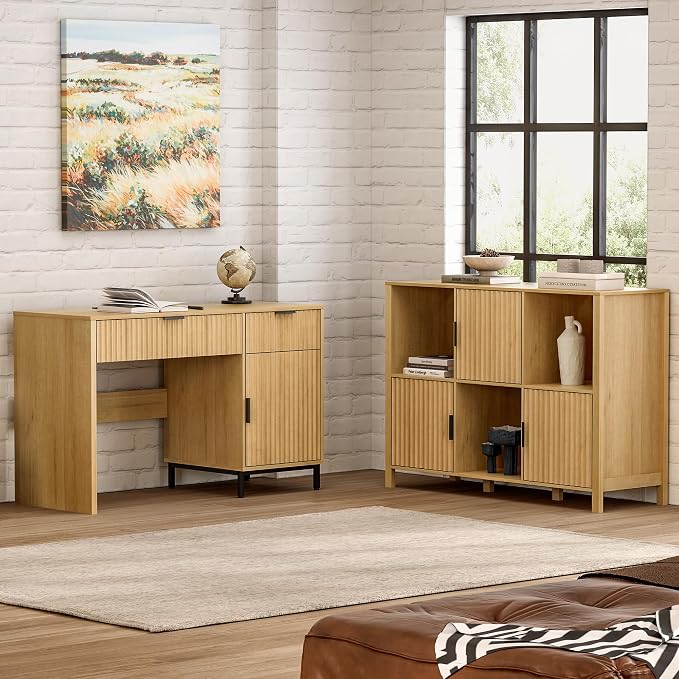Fluted Storage Bookshelf, Modern Wooden 6 Cube Bookcase - Image 6
