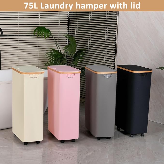 Laundry Basket with Wheels, 75L Beige Clothes Hamper - Image 6