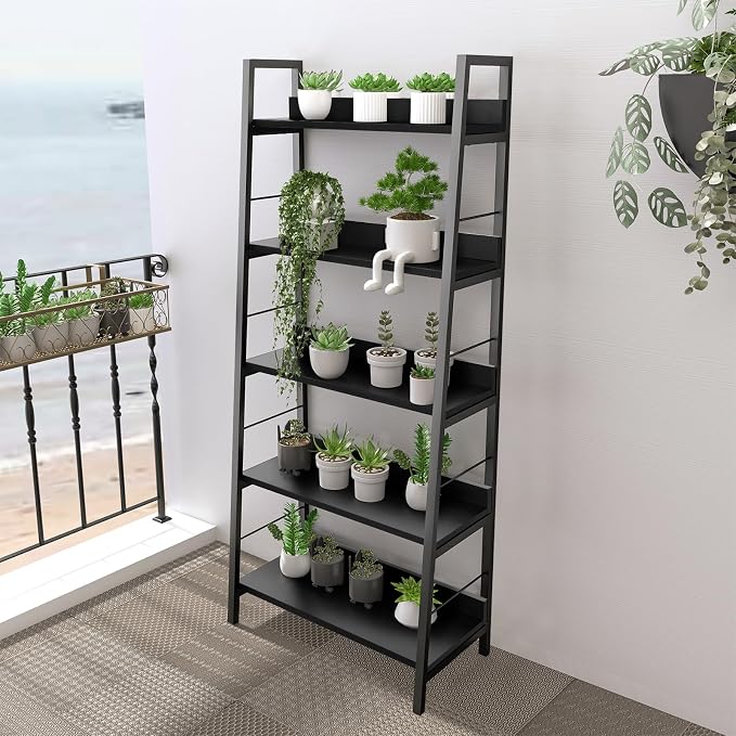 Himimi Black Ladder Bookshelf, 5 Shelf Bookcase Industrial Bookshelf Wood and - Image 7