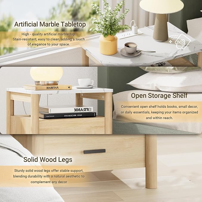 Night Stand Set of 2 with Charging Station, 2 Drawers End Table with Solid - Image 3