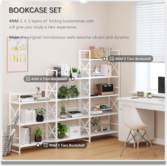 4NM 5 Tiers No Assembly Book Shelves, 51.2" H Folding Bookshelf Bookcase Open - Image 5