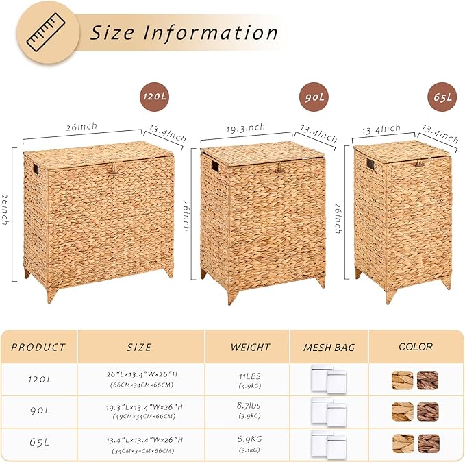 Large Laundry Hamper with Lid, Handwoven Hyacinth Rattan Clothes Hamper with - Image 3