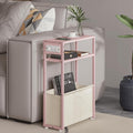 Pink Side Table with Charging Station, Slim End Tables with Linen Basket by Leomonio