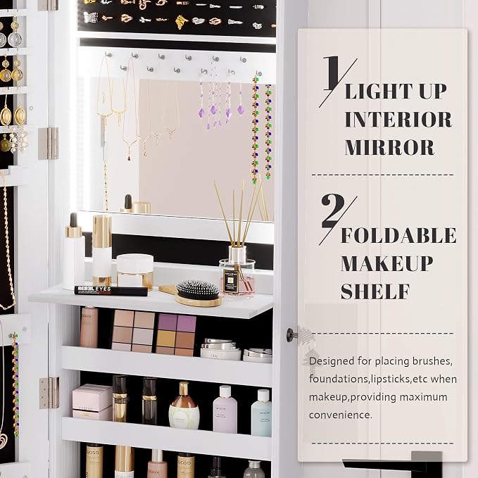 Vlsrka 47.2" LED Jewelry Mirror Cabinet, Wall/Door Mounted Jewelry Armoire - Image 5