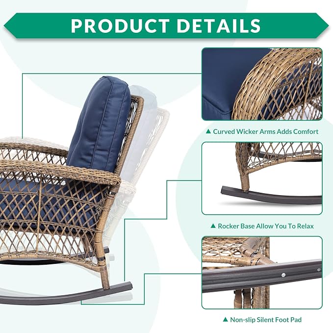 VIVIJASON Outdoor Wicker Rocking Chair, Patio Rattan Rocker Chair - Image 3