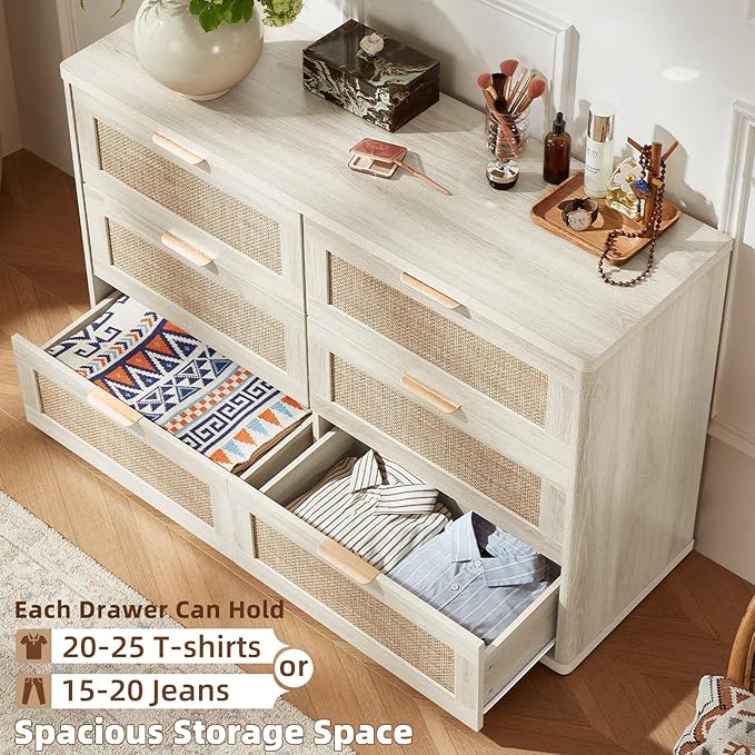 LEYAOYAO Rattan Dresser for Bedroom Set of 2, Boho 48" Wide White Dresser Chest - Image 4