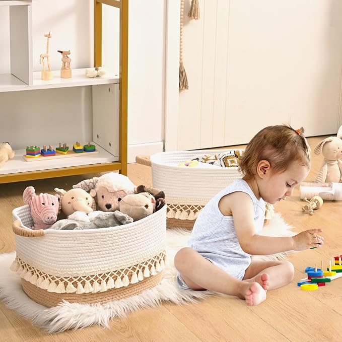 3 Pack Storage Basket for Shelves, Boho Cotton Rope Storage Bins - Image 5