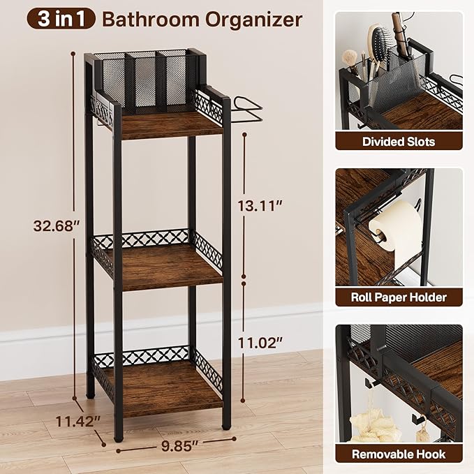 Bathroom Storage Shelf Hair Dryer Holder, 3-Tier Narrow Metal Standing Rack - Image 3