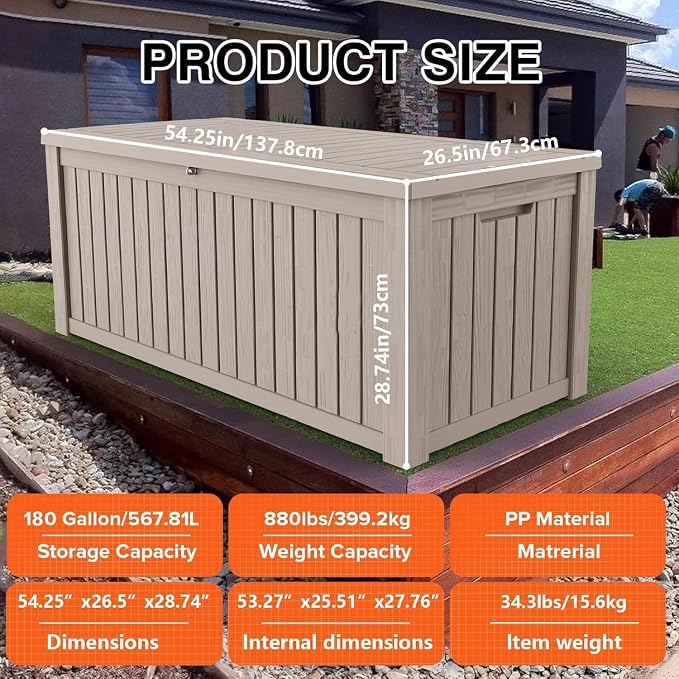180 Gallon Outdoor Storage Box Waterproof Lockable Resin Deck Box Large - Image 7