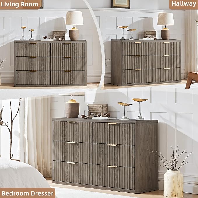LEYAOYAO Fluted 6 Drawers Dresser, Curved Profile Design, Dresser TV Stand - Image 3