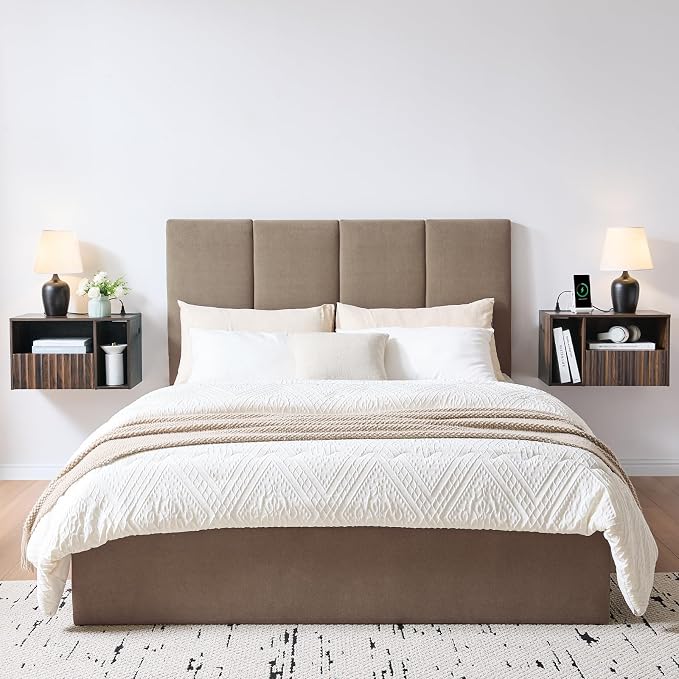 Floating Nightstand with Charging Station, Walnut Fluted Wall Mounted - Image 4