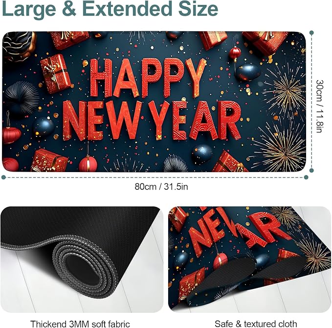 Happy New Year Gaming Mouse Pad 31.5"x11.8"Desk Mat Anti-Slip Rubber Base & - Image 2