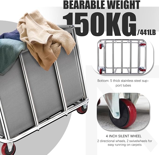 Commercial Laundry Cart on Wheels, 11.35 Bushels Large Laundry Roller, Heavy - Image 3