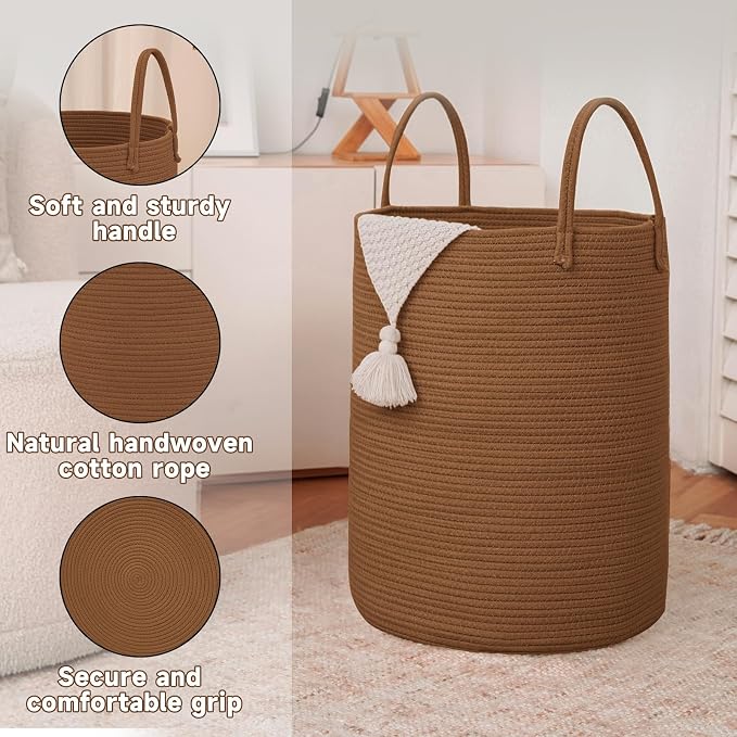 Large Woven Laundry Basket Hamper, 80L Cotton Rope Storage Bin - Image 6