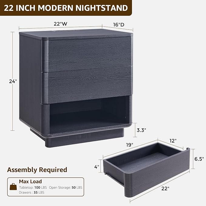 ACCOHOHO Nightstand with Charging Station, Large Modern End Table - Image 2