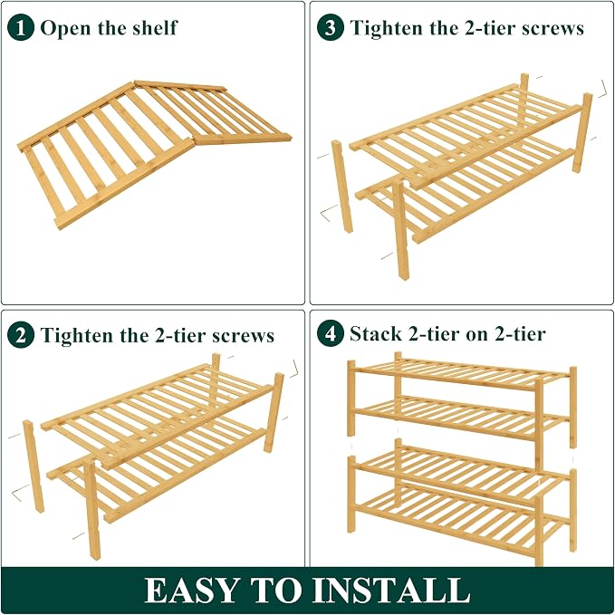 Smiry Bamboo Shoe Rack for Closet, 4 Tier Wooden Stackable Shoe Organizer - Image 6