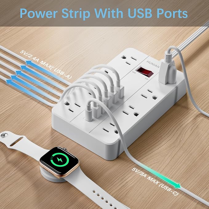 Power Strip with USB, Flat Plug Extension Cord Surge Protector 5 Ft, HUNIAN - Image 4