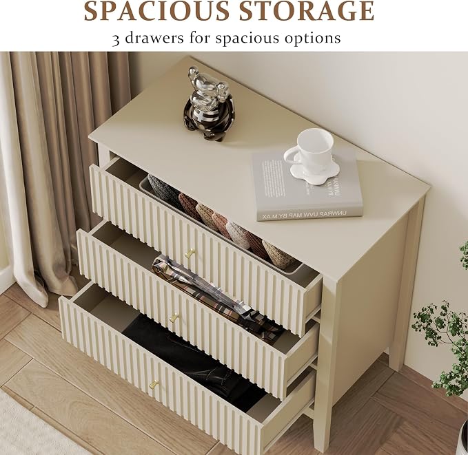 RoyalCraft Beige Fluted 3 Drawer Dresser, 32 inch Wide Dresser Nightstand - Image 4