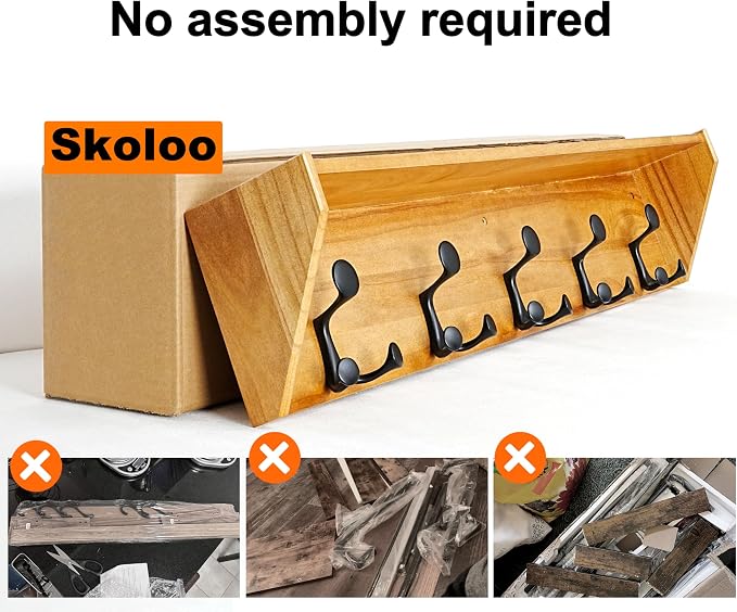 SKOLOO Wall Shelf with Hooks, 24-Inch Brown Coat Rack Wall Mount with Shelf - Image 5