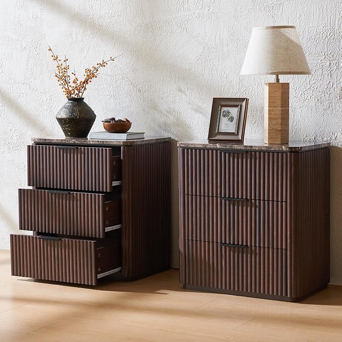 Fluted Nightstand with 3 Drawers, Engineered Wood Bedside Table with Faux - Image 8