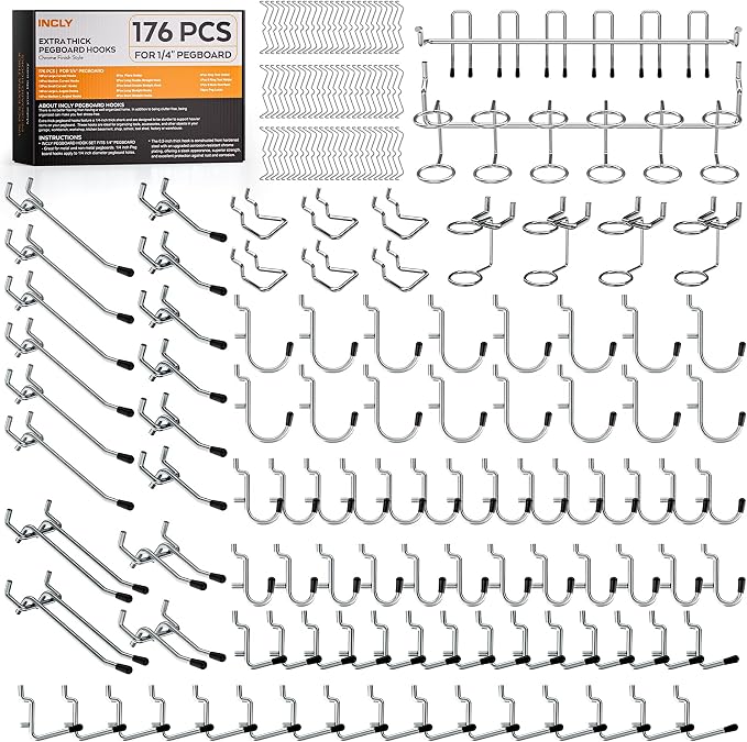 INCLY 176PCS Extra Thick Pegboard Hooks, 1/4" Heavy Duty Metal Peg Board Hooks by INCLY