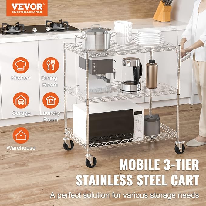 VEVOR Kitchen Utility Cart, 3 Tiers, Wire Rolling Table - Image 2