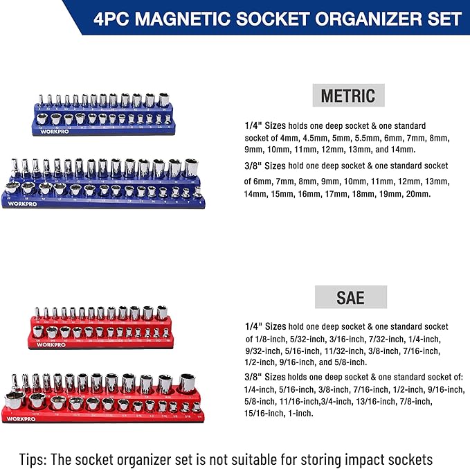 WORKPRO Magnetic Socket Organizer Set, 4-Piece Socket Holder Set Includes 1/4" - Image 2