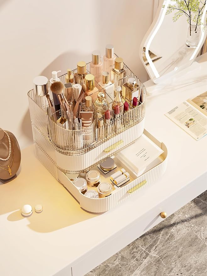 Makeup Organizer with Stackable Drawer, 360 Rotating Makeup Brush Holder - Image 7