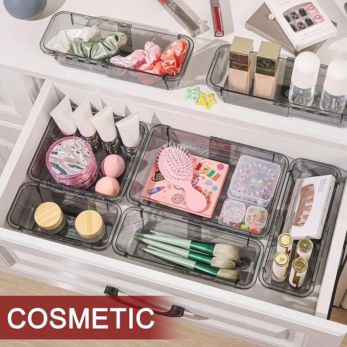 15 Pcs Extendable Clear Drawer Organizer, All Adjustable Vanity Storage Box - Image 3